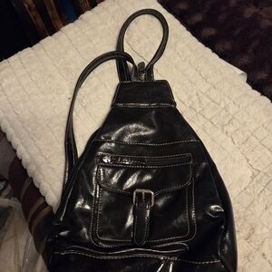 Black Leather Backpack with Front Pocket